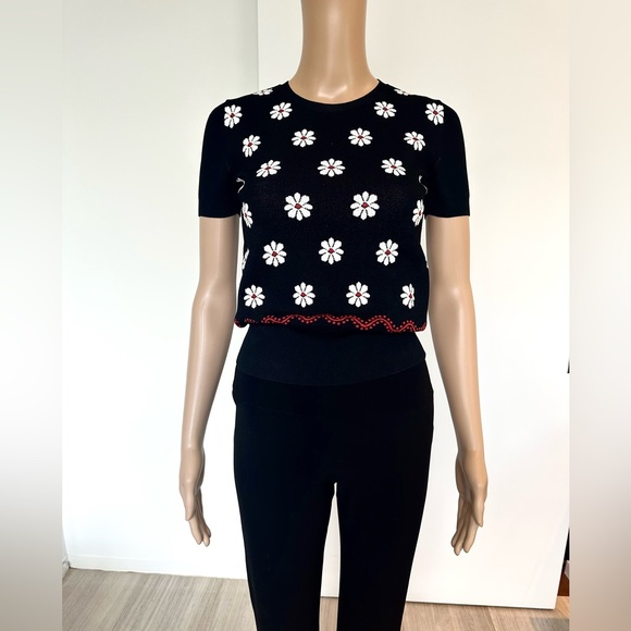 RED Valentino XS Black Knit Short-Sleeve Terrace Jacquard Knit Top - Picture 3 of 6